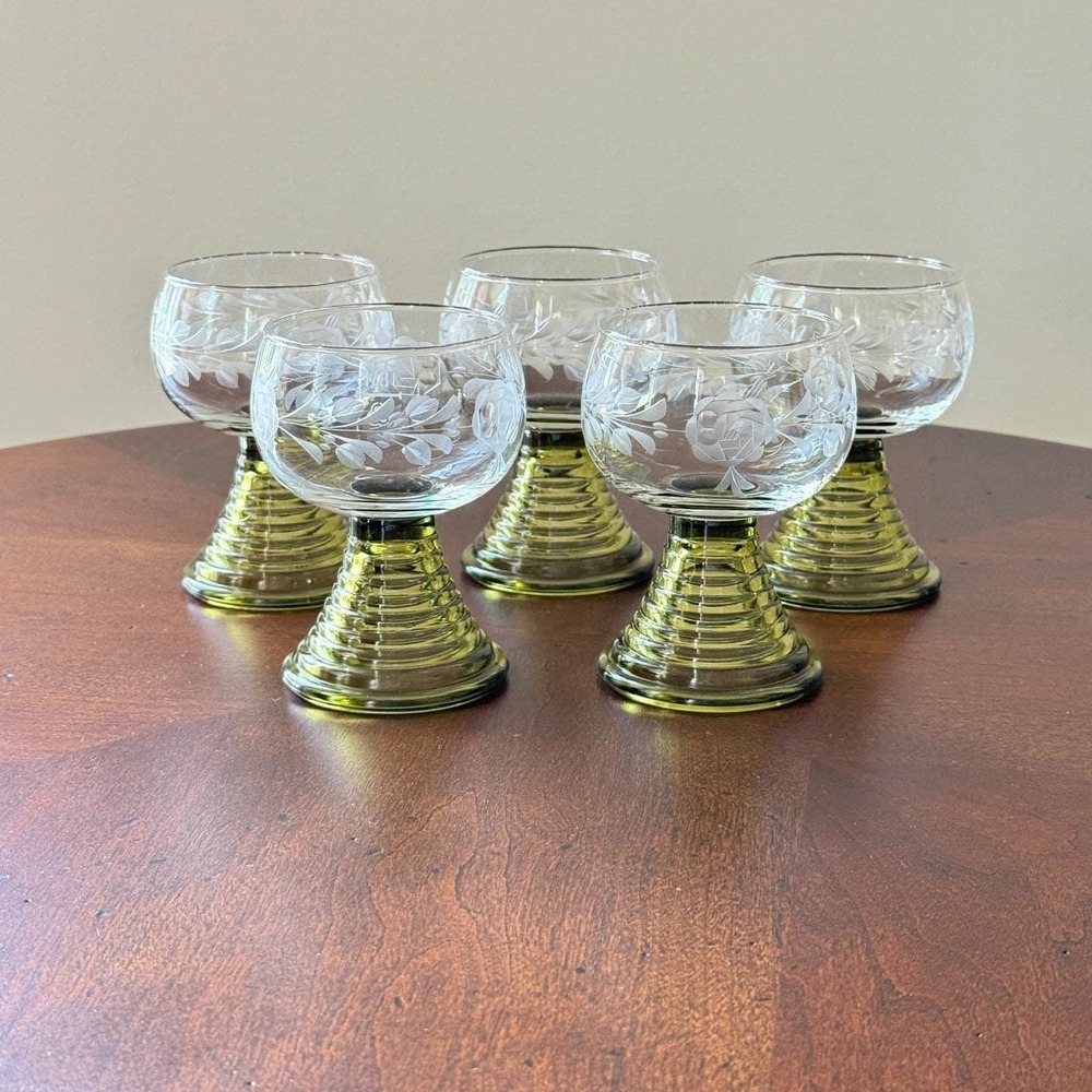 Roemer Wine Glasses Olive Green Beehive Stem (5) 4" Tall Open Bottom Etched